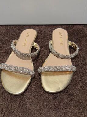 Unisa Gold Braided Crystal Double-Strap Slide Sandals